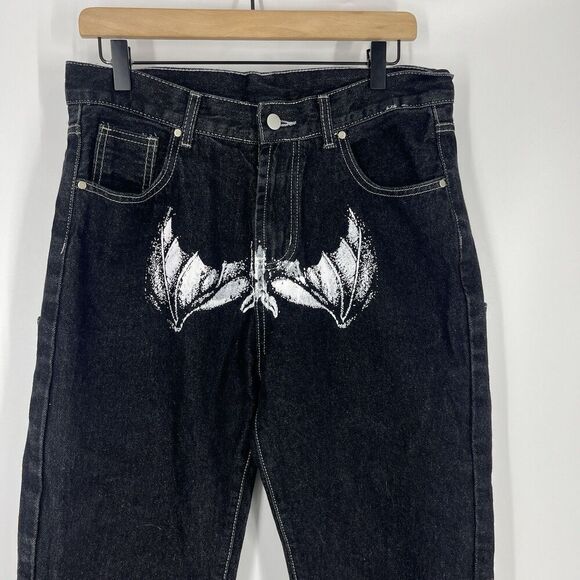 Michael Myers Halloween Jeans Size 32x30 Black Denim Y2k Horror Gothic Bat Baggy - Picture 3 of 7